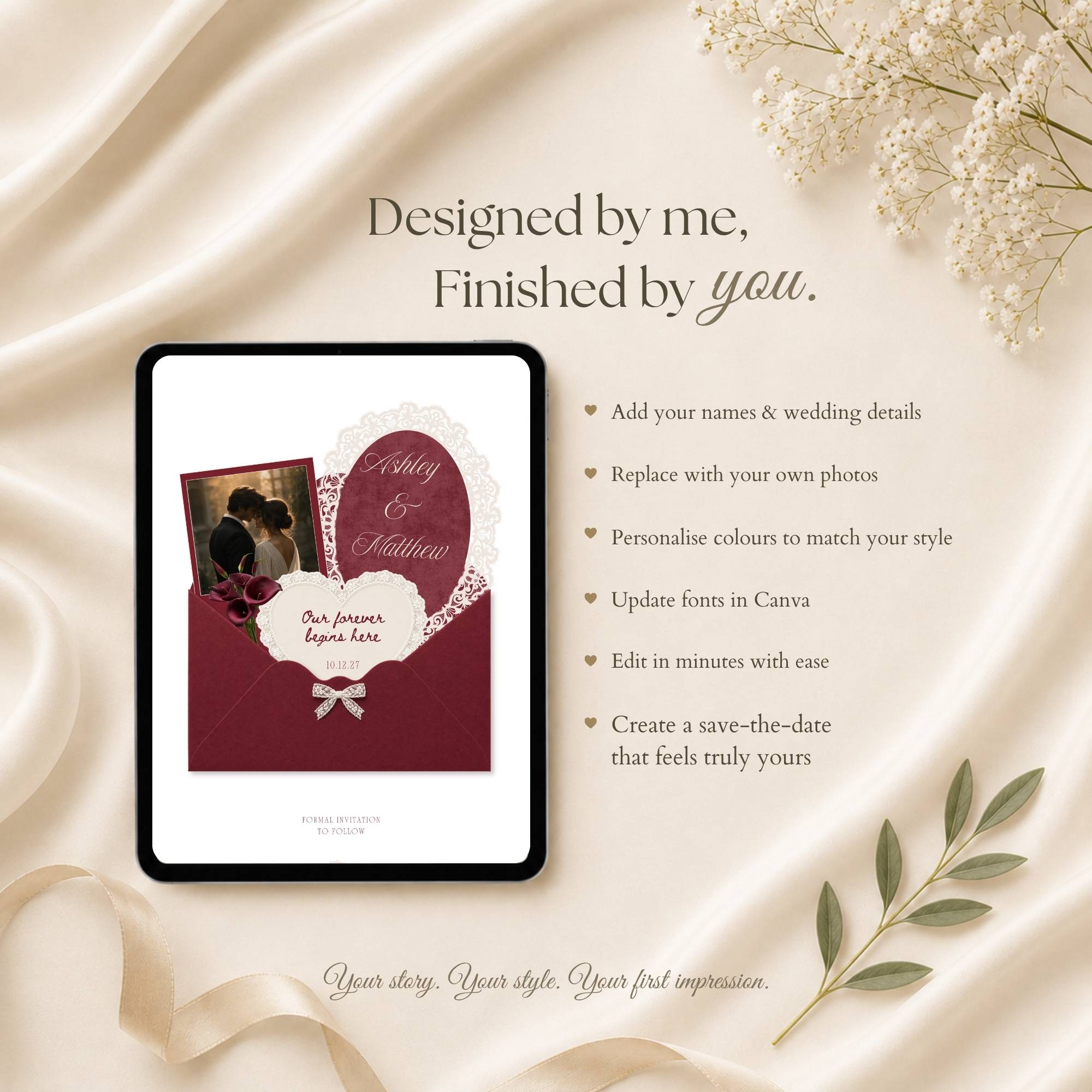 Interactive envelope opening save the date wedding website revealing personalised wedding details and photos.