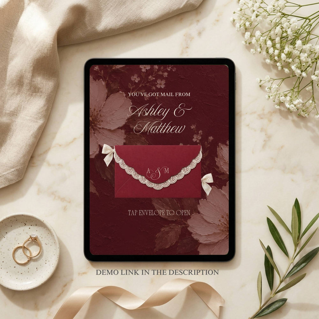 Burgundy and ivory lace save the date wedding website displayed with demo preview link information.