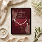 Burgundy and ivory lace save the date wedding website displayed with demo preview link information.