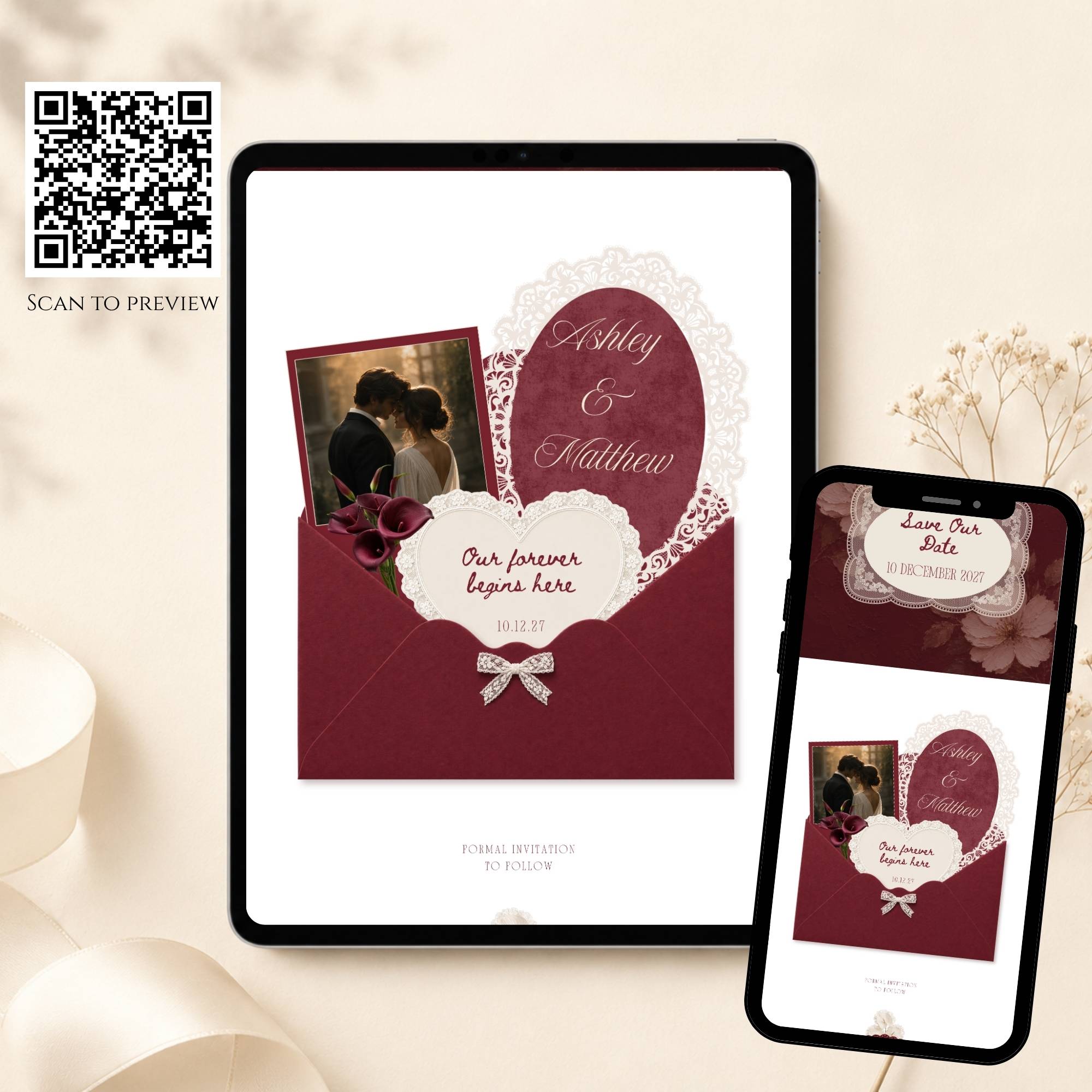 Burgundy and ivory save the date wedding website displayed on tablet and mobile devices with QR code demo preview.