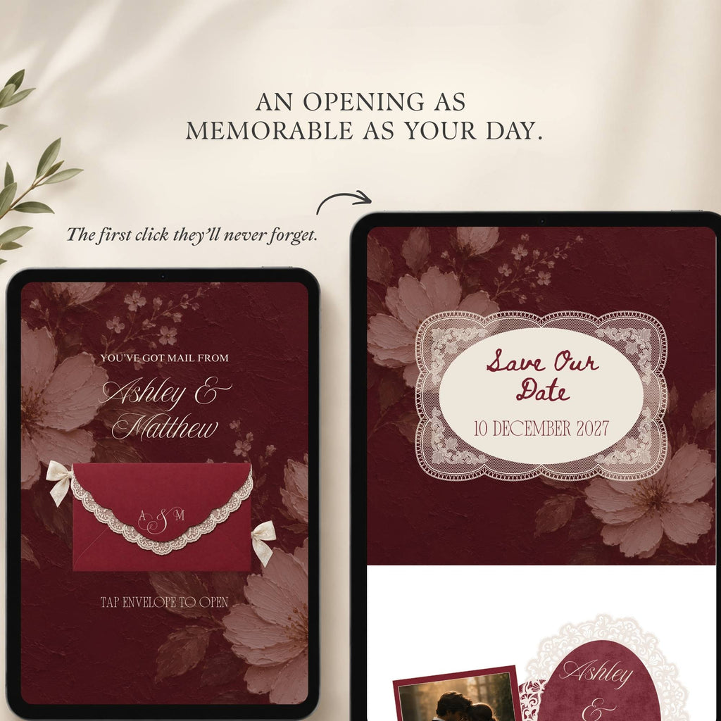 Mobile-friendly burgundy wedding website template shown adapting automatically to different screen sizes.