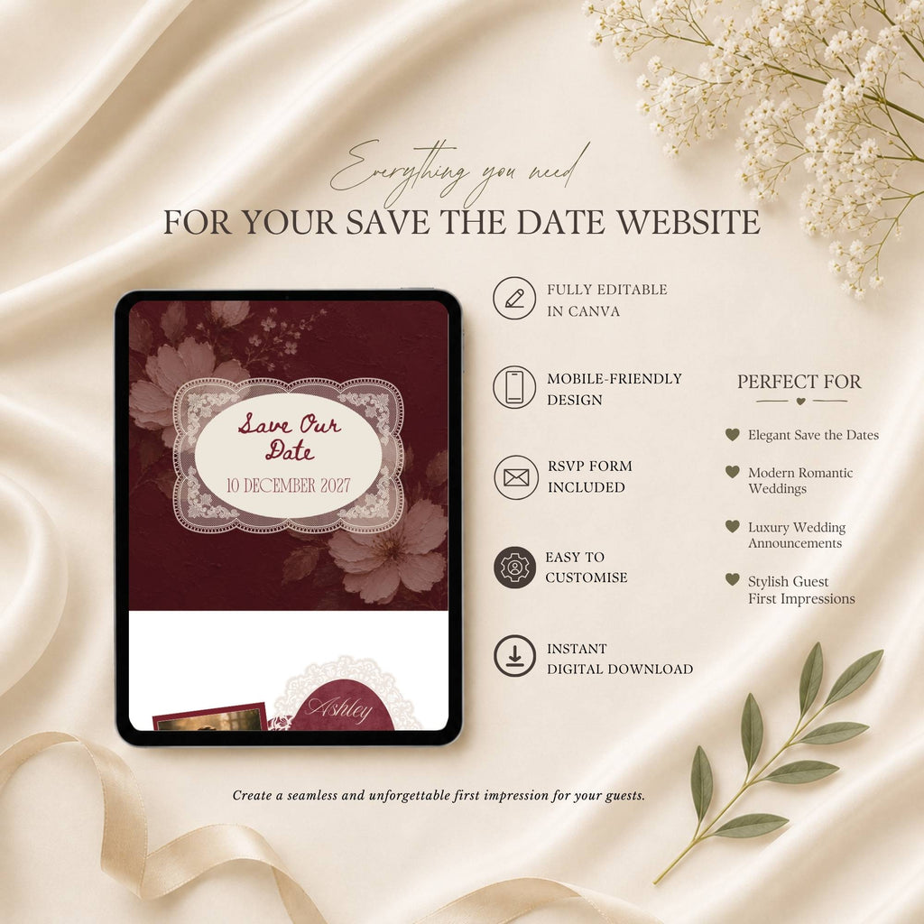 Burgundy save the date wedding website with optional live wedding countdown feature displayed on tablet.
