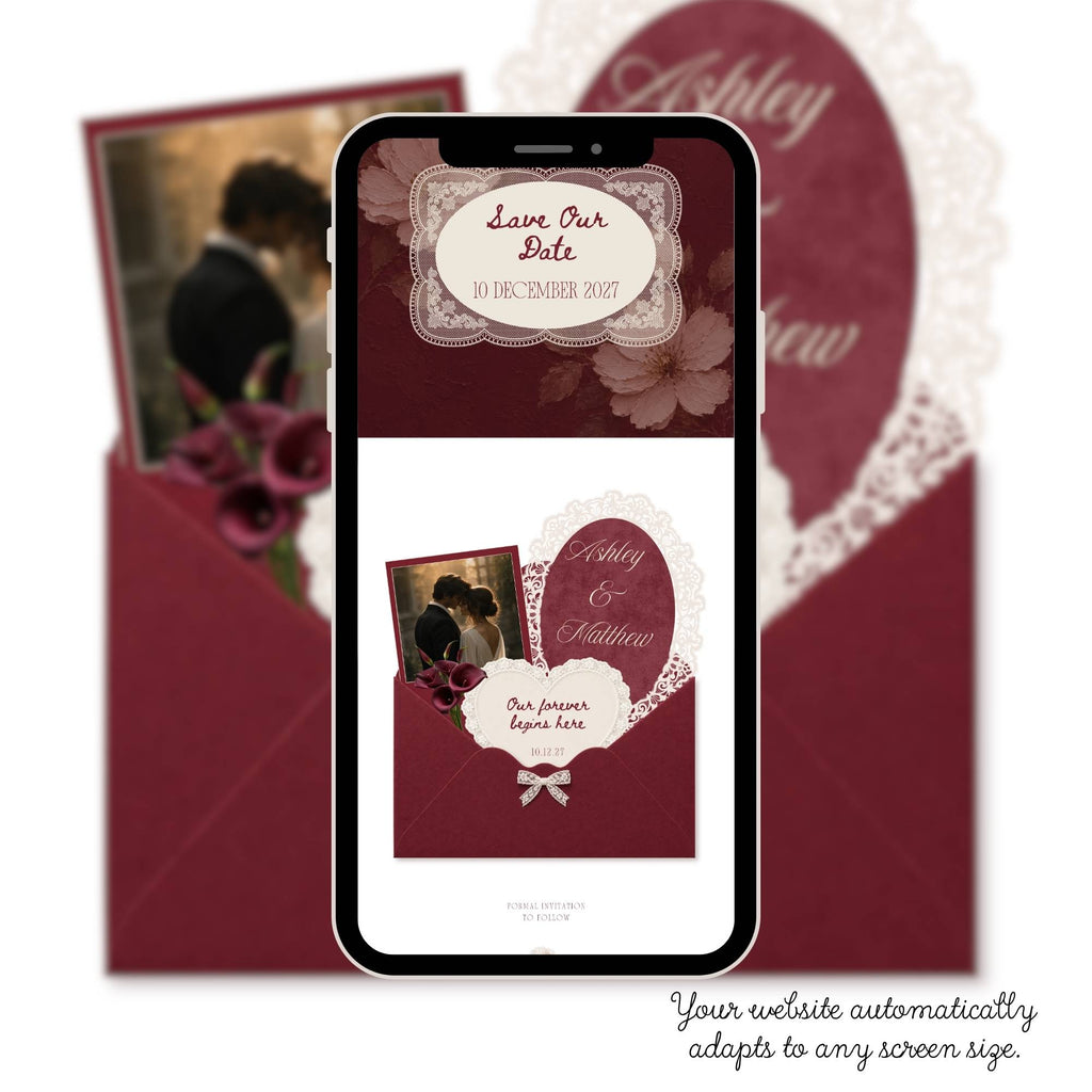 Editable burgundy wedding website template showing customisable names, photos, fonts and wedding details.