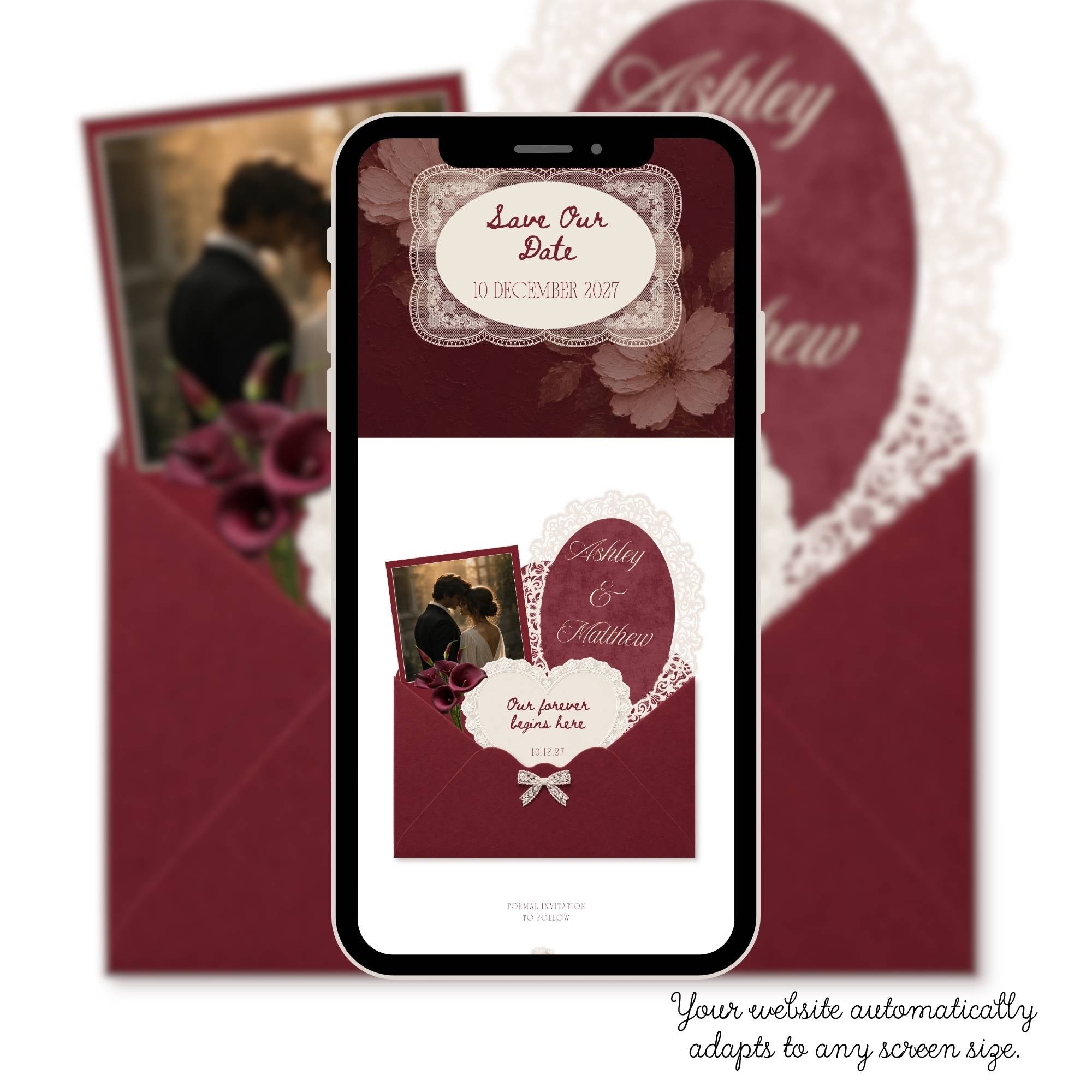 Editable burgundy wedding website template showing customisable names, photos, fonts and wedding details.