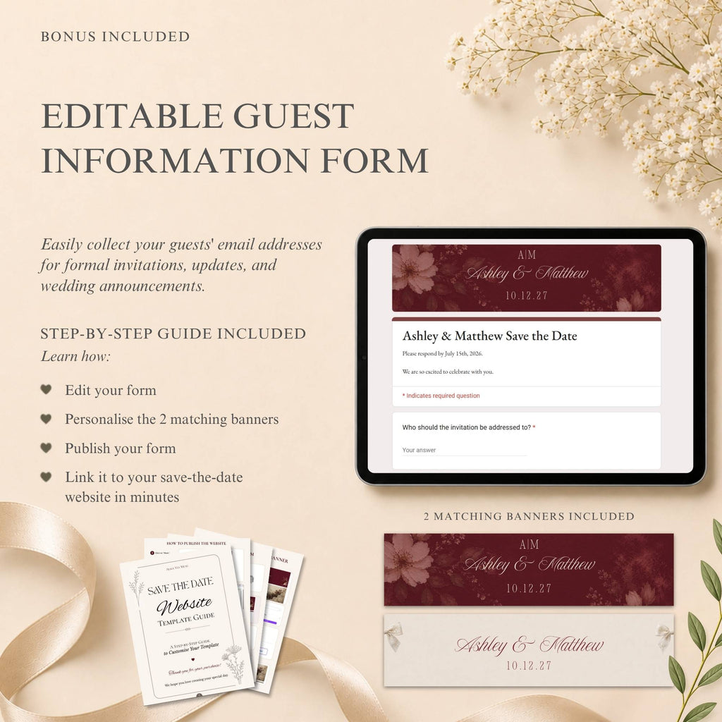 Editable guest information RSVP form matching the burgundy and ivory wedding website design.