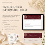 Editable guest information RSVP form matching the burgundy and ivory wedding website design.