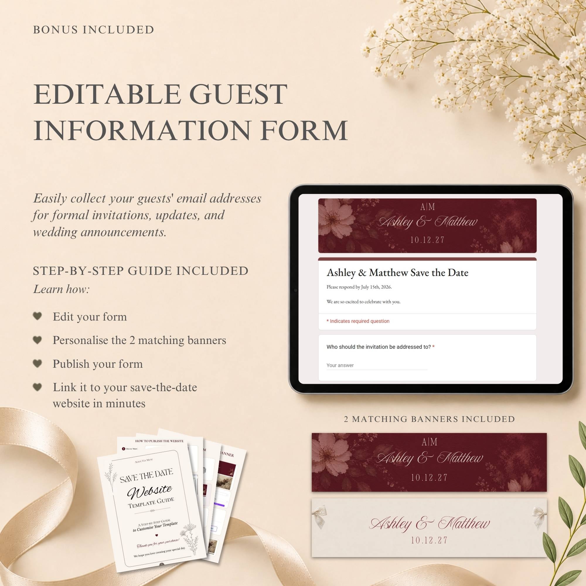 Editable guest information RSVP form matching the burgundy and ivory wedding website design.