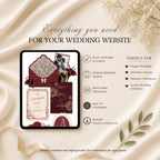 Four page burgundy wedding website template featuring RSVP page love story page and wedding details page