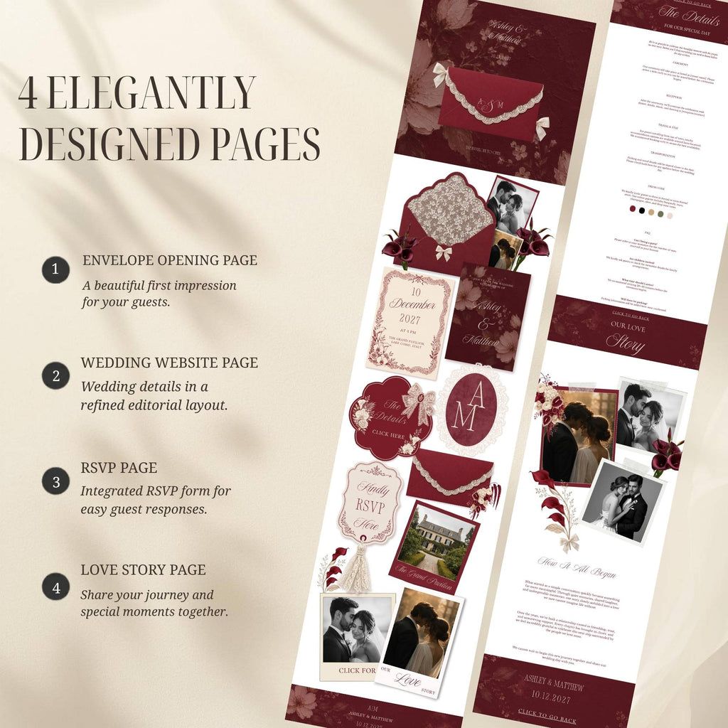 Interactive envelope opening page for burgundy wedding website template