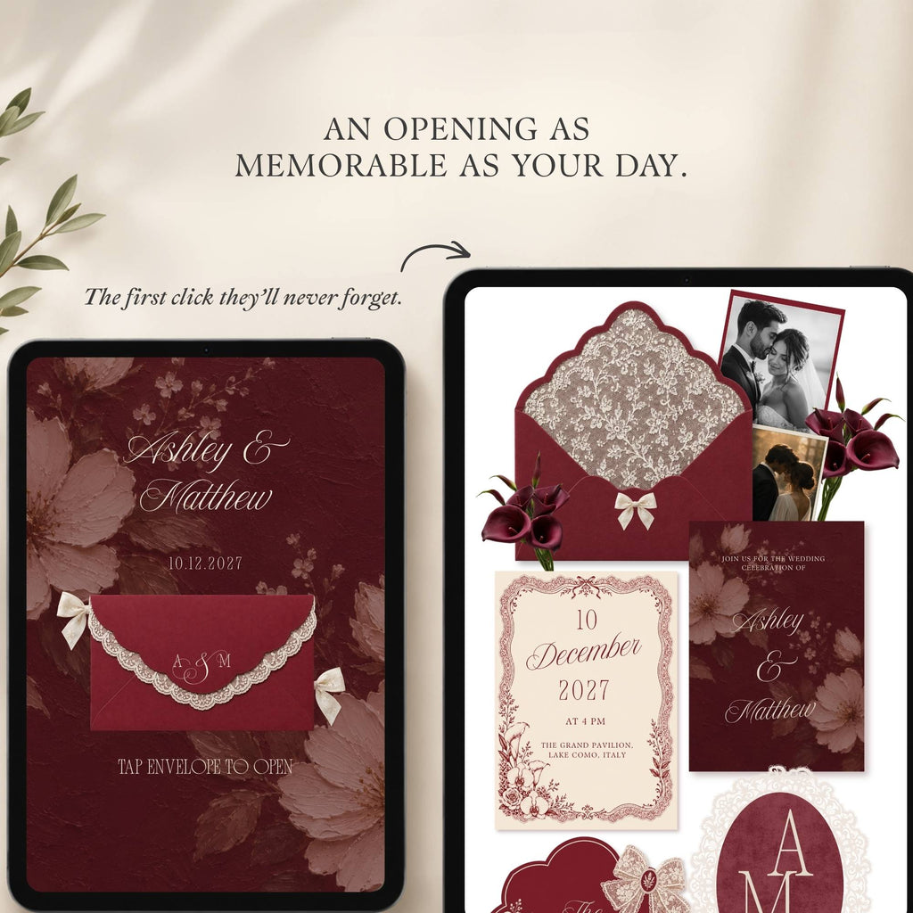 Burgundy Canva wedding website homepage with floral details and wedding information