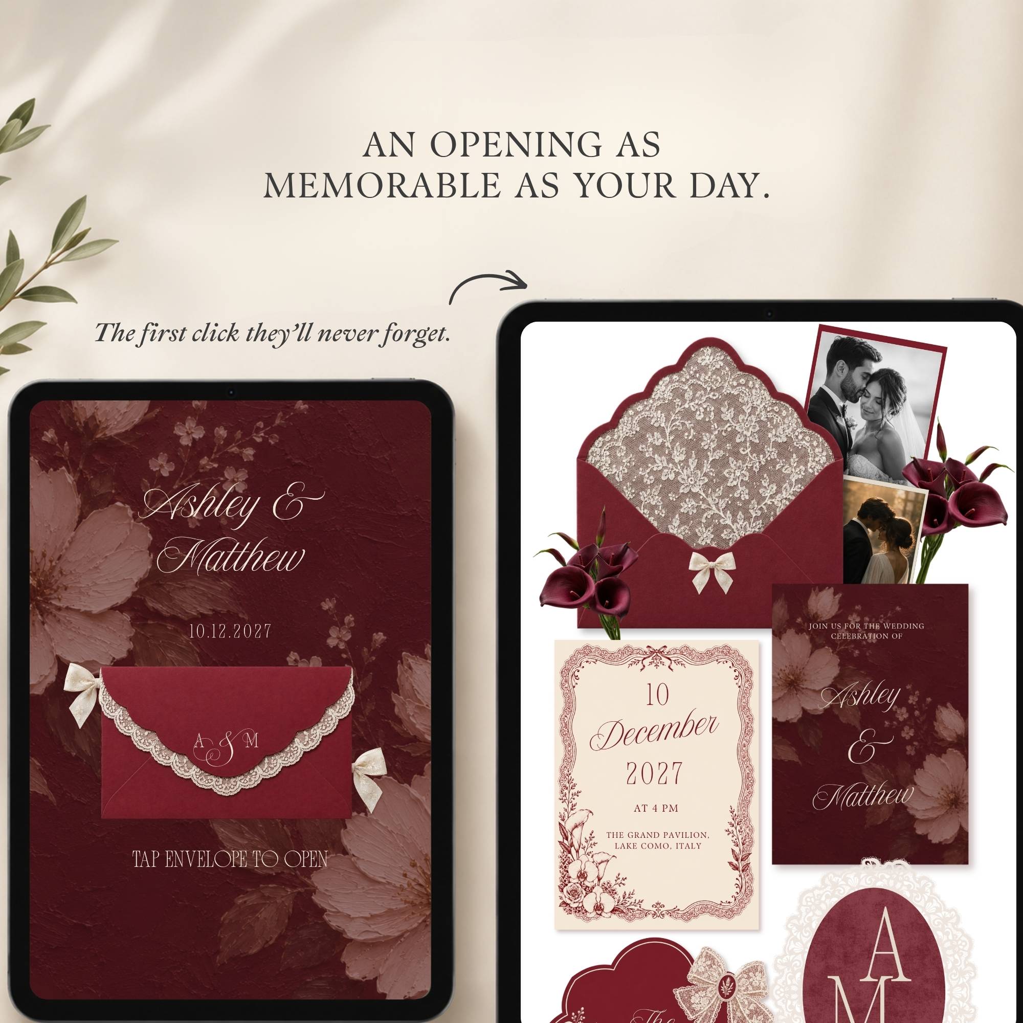 Burgundy Canva wedding website homepage with floral details and wedding information