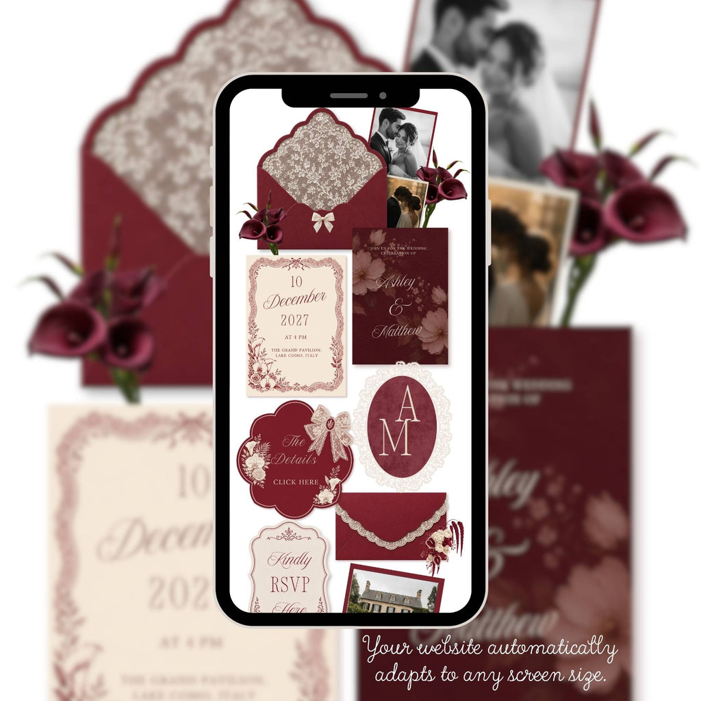 Love story page for burgundy wedding website template editable in Canva