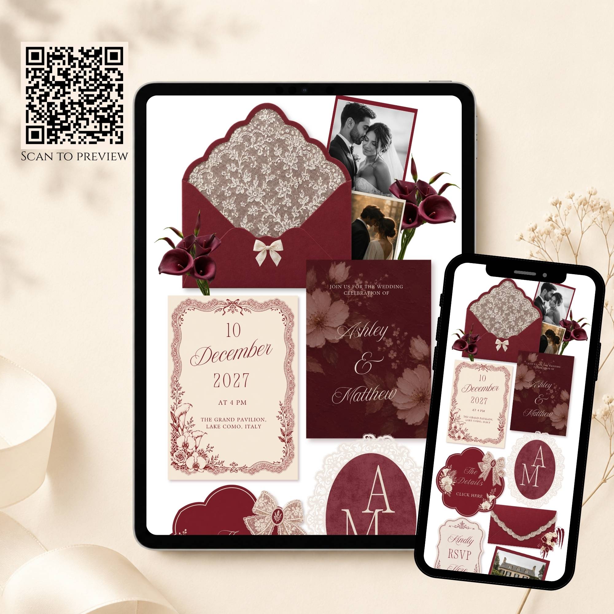 Mobile wedding website template with elegant burgundy floral design