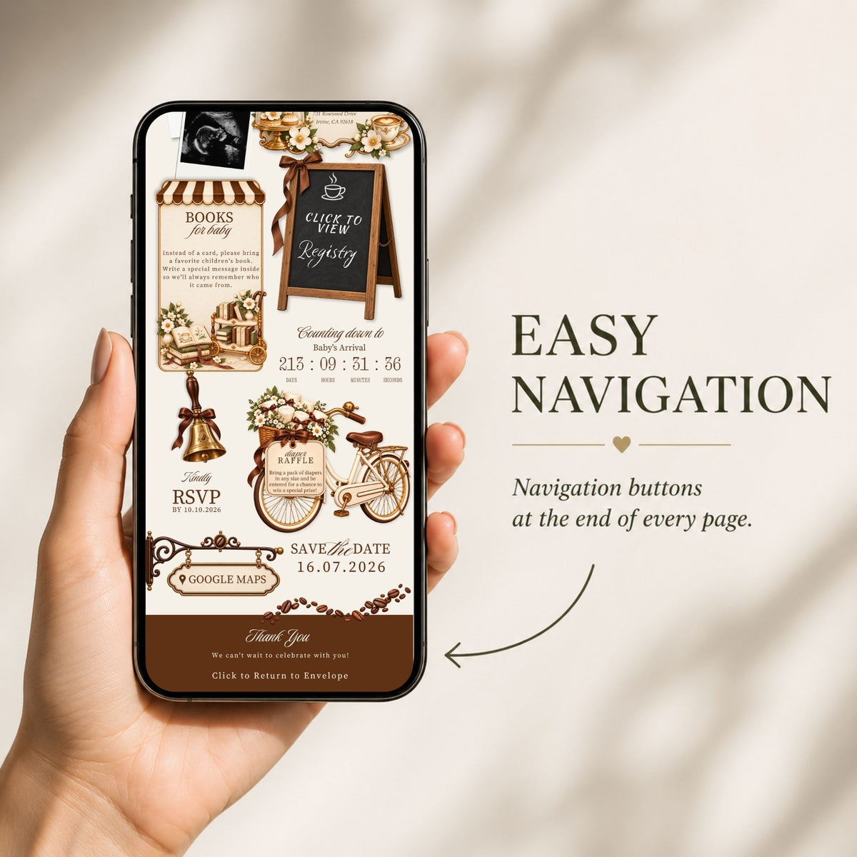 Cafe Bebe baby shower website displayed on a phone demonstrating easy mobile navigation between invitation sections.
