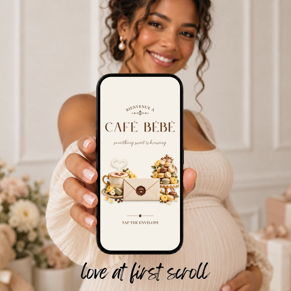 Cafe Bebe baby shower website shown on a phone with a neutral French patisserie inspired invitation design.