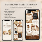 Cafe Bebe baby shower website invitation displaying interactive features including music, countdown, RSVP and registry.