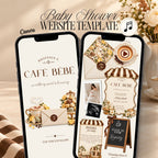 Cafe Bebe baby shower website invitation shown on mobile phones with French cafe, coffee and patisserie inspired details.