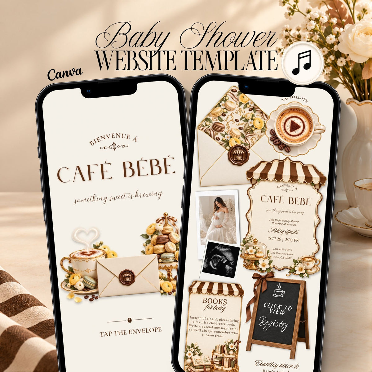 Cafe Bebe baby shower website invitation shown on mobile phones with French cafe, coffee and patisserie inspired details.