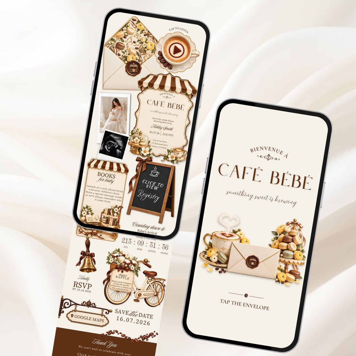 Cafe Bebe Canva baby shower website template displayed across two mobile screens with coordinated cafe illustrations.