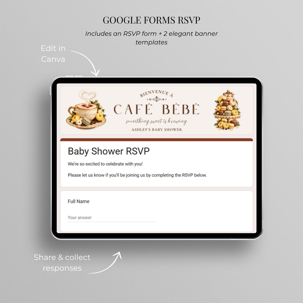 Coordinating Google Forms RSVP template for the Cafe Bebe baby shower website with French cafe themed banner.