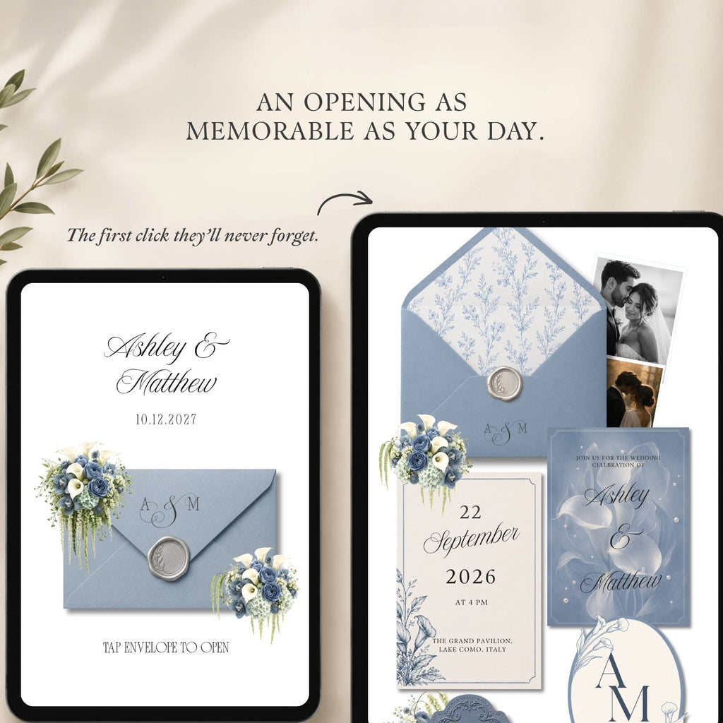 Calla lily wedding website template featuring dusty blue and white floral details