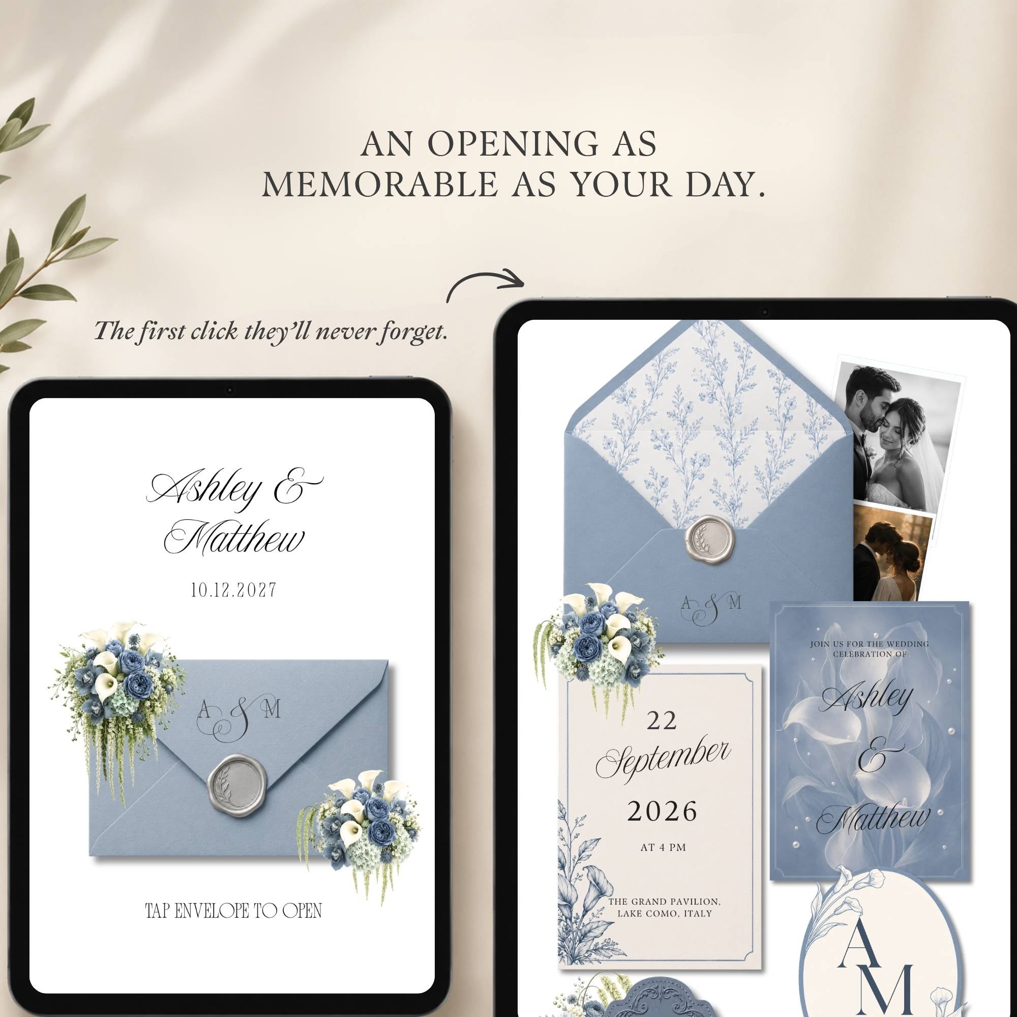 Calla lily wedding website template featuring dusty blue and white floral details
