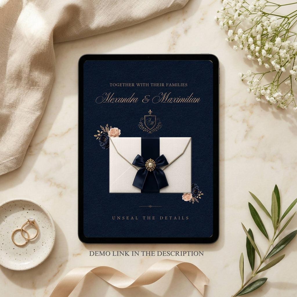 Editable Canva wedding website template with luxury navy wedding theme
