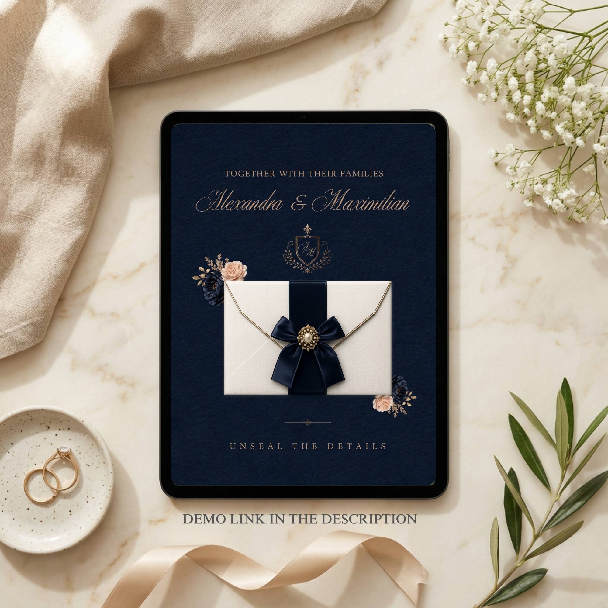 Editable Canva wedding website template with luxury navy wedding theme