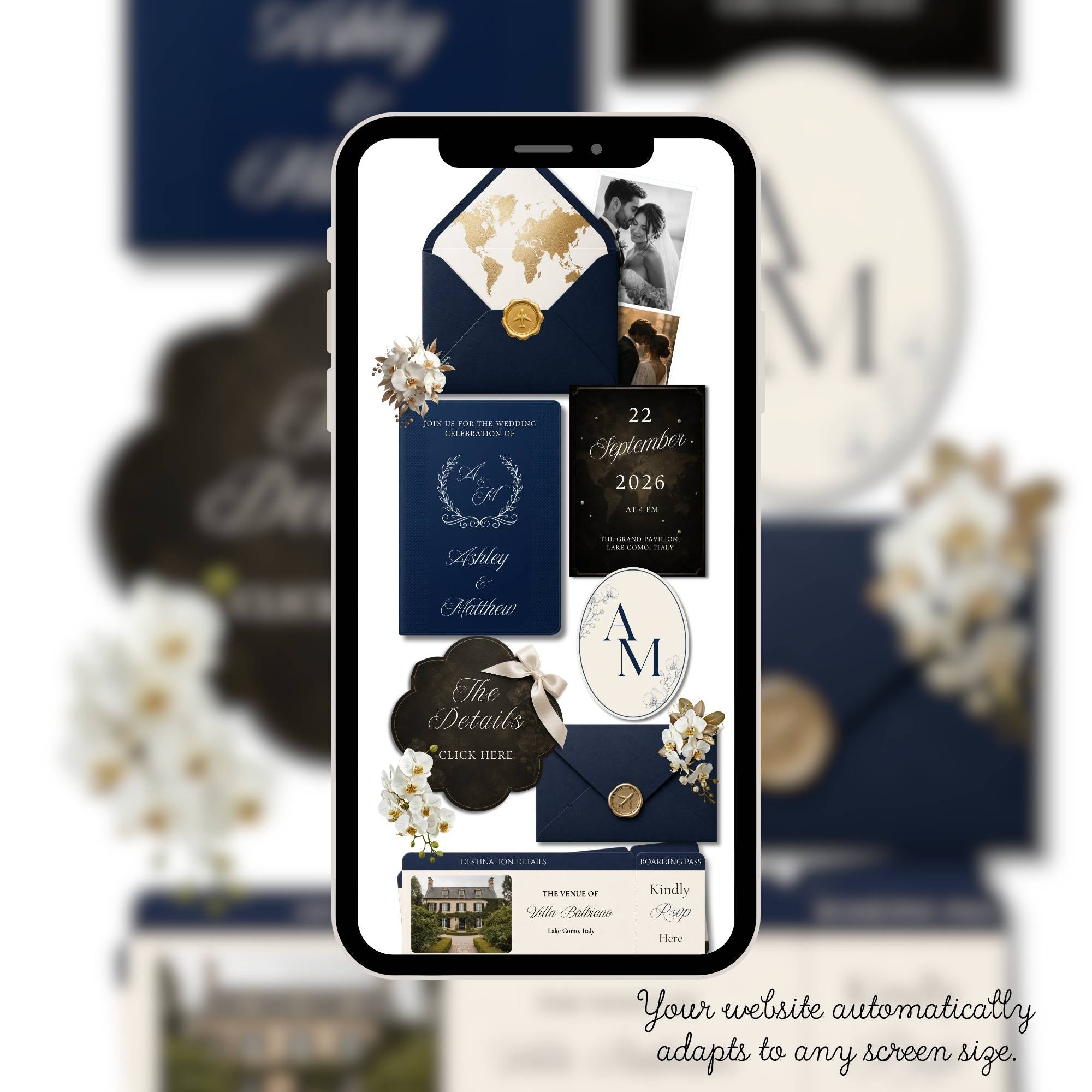 Editable Canva passport wedding website template for destination weddings.