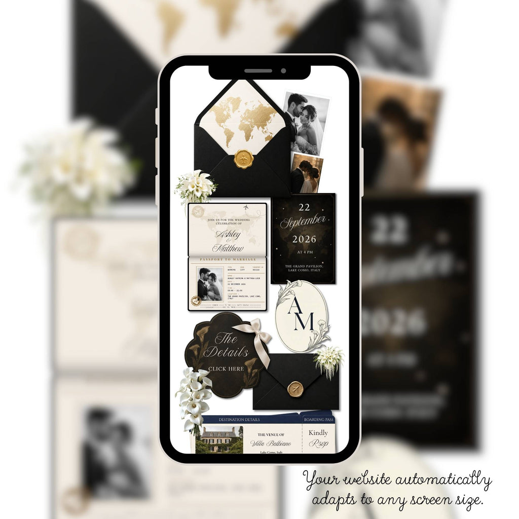 Editable Canva passport wedding website template for destination weddings.