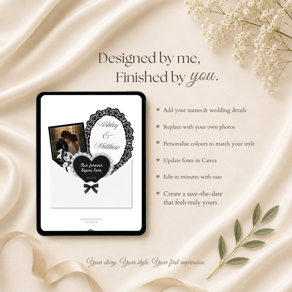 Celestial wedding RSVP website editable in Canva