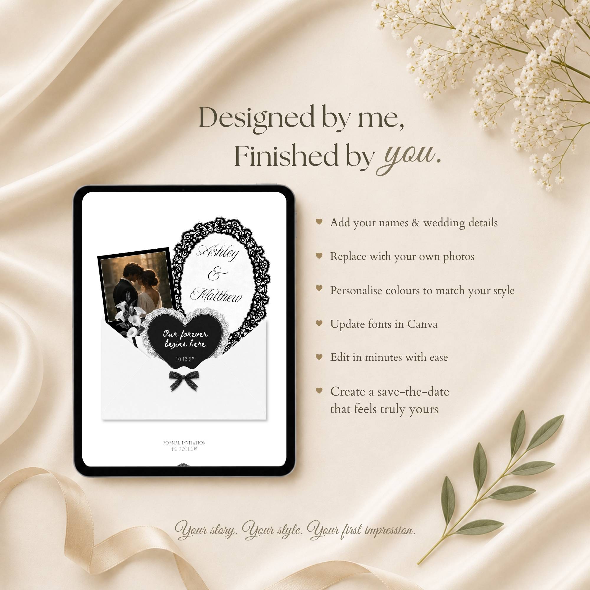 Celestial wedding RSVP website editable in Canva