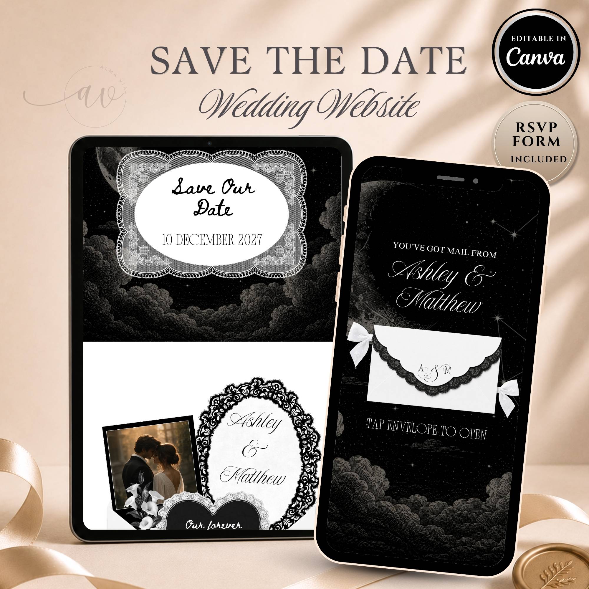 Celestial Save The Date Wedding Website template with RSVP form and editable Canva design