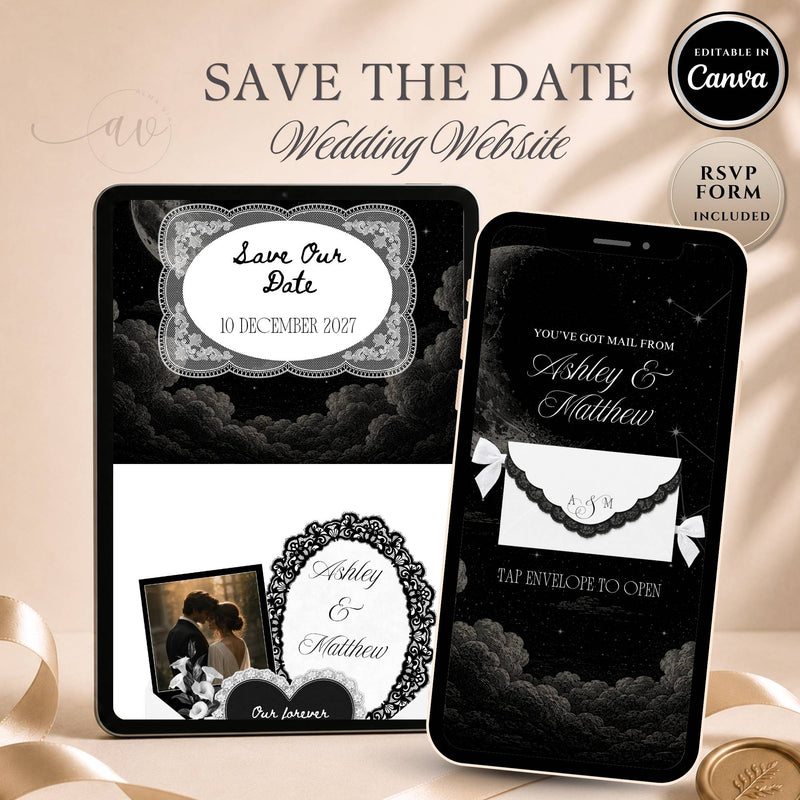 Celestial Save The Date Wedding Website template with RSVP form and editable Canva design