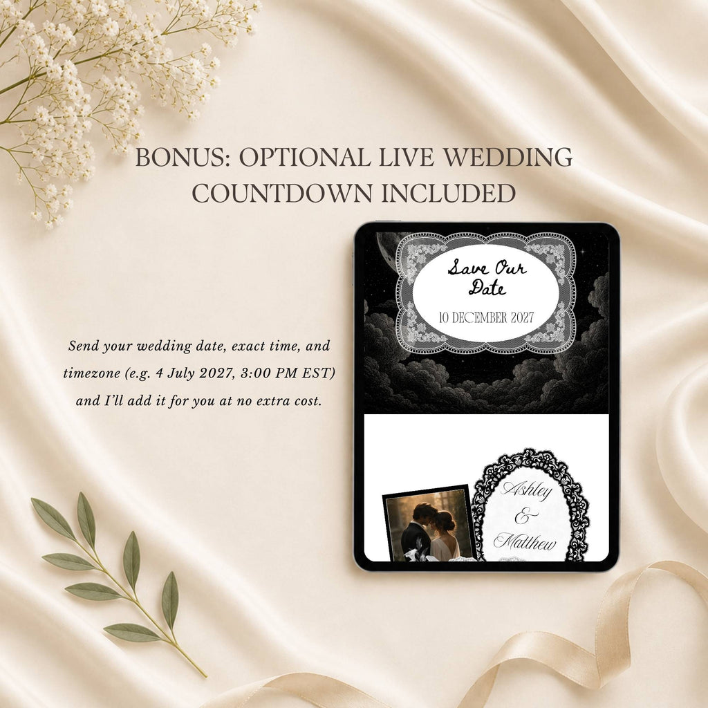 Celestial save the date wedding website featuring editable couple photos and wedding details