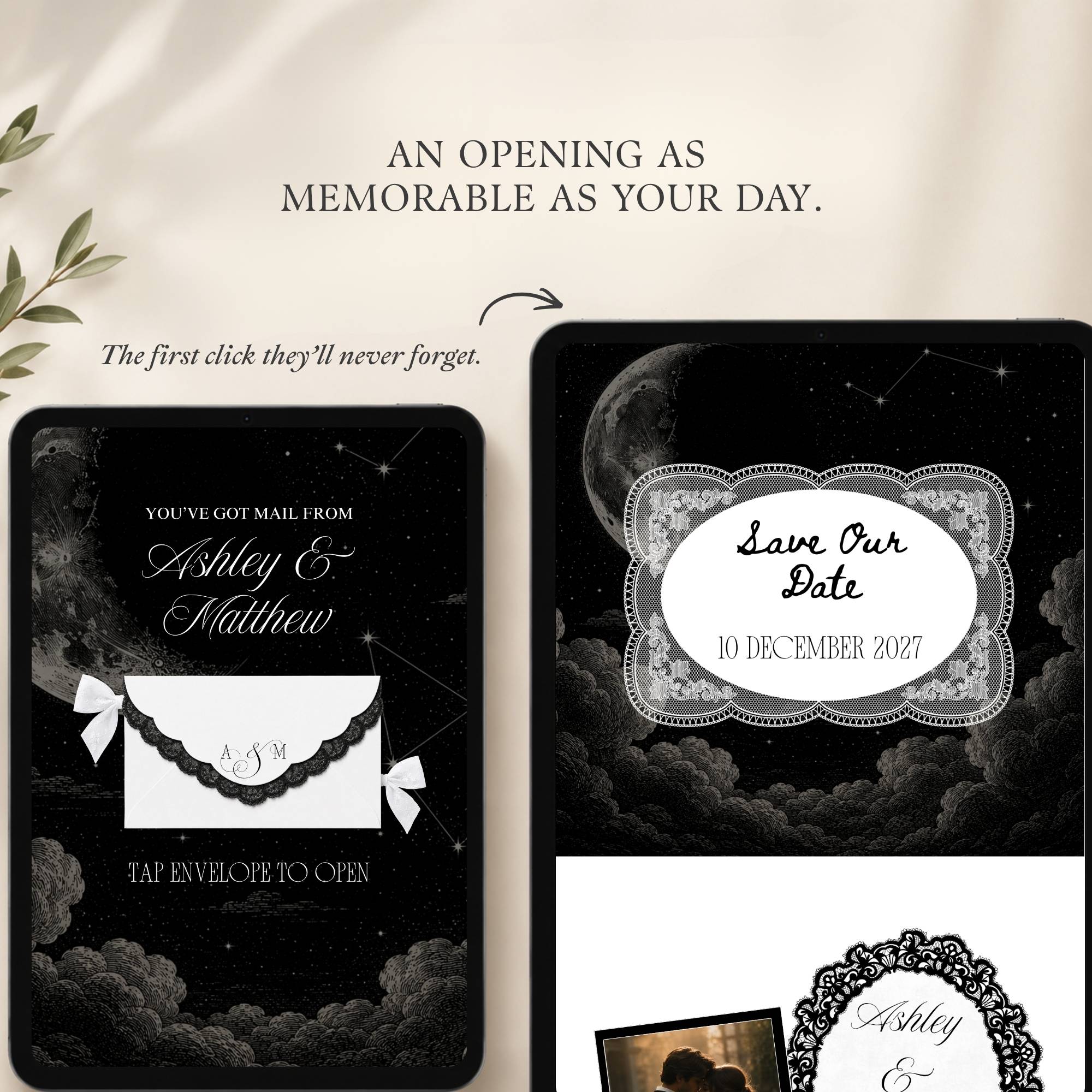 Full preview of celestial save the date wedding website template with RSVP functionality