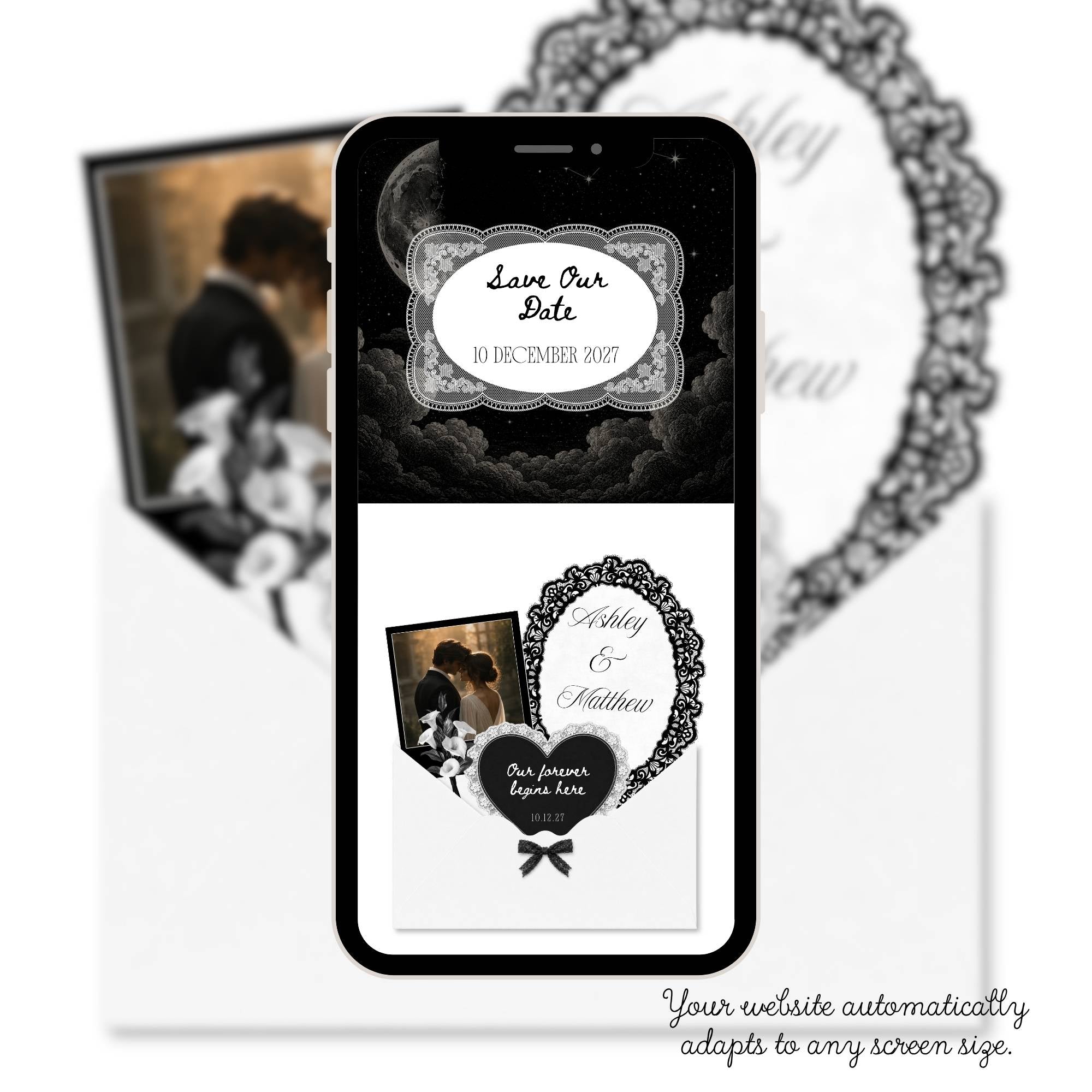 Celestial wedding announcement page for digital save the date website