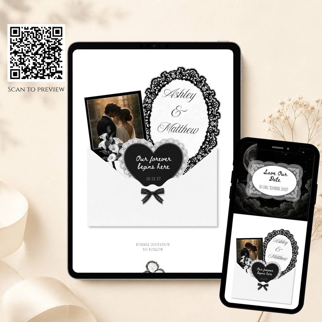 Mobile view of celestial save the date wedding website with moonlit background