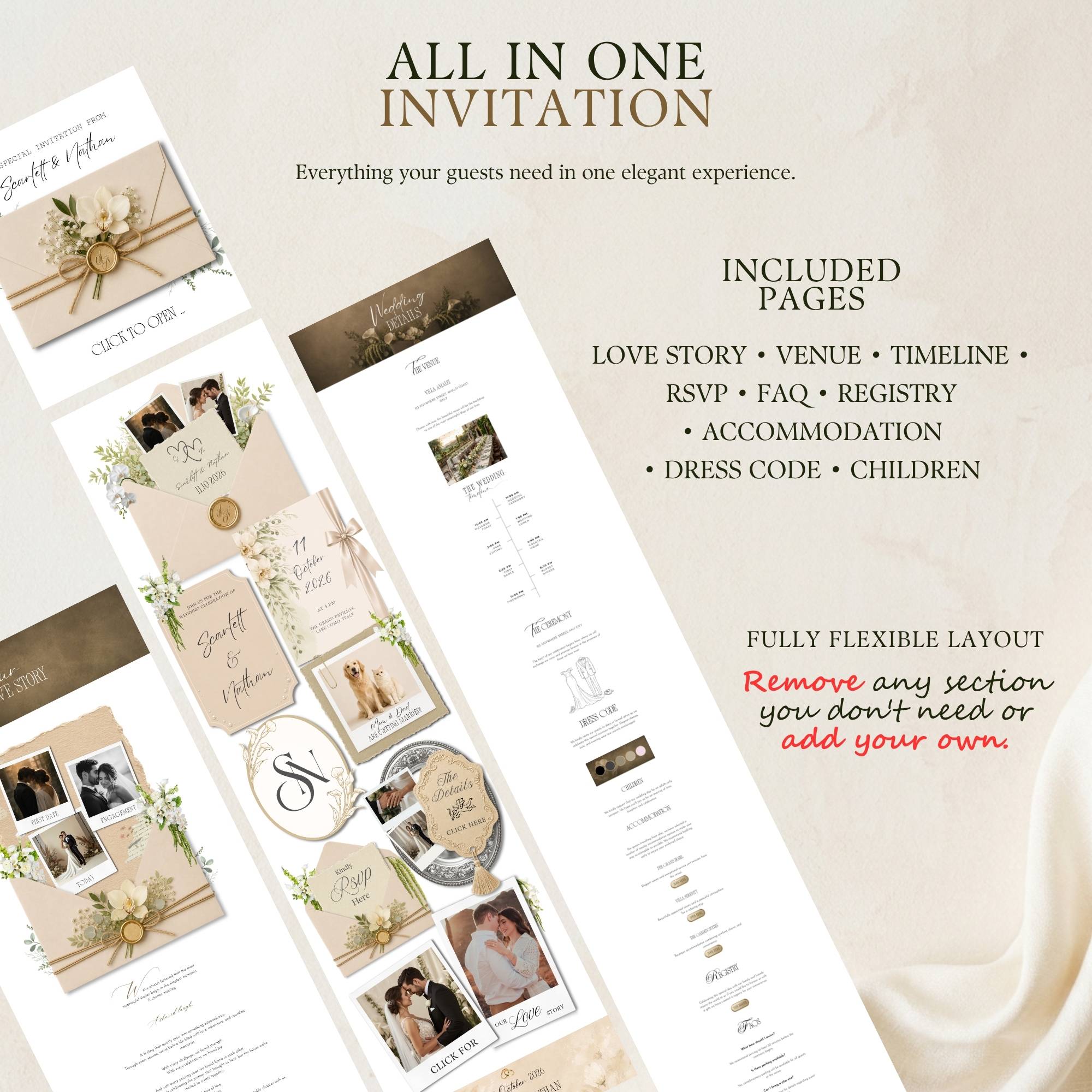 Wedding website template including RSVP, timeline, accommodation, registry, FAQ, dress code, and wedding details pages.