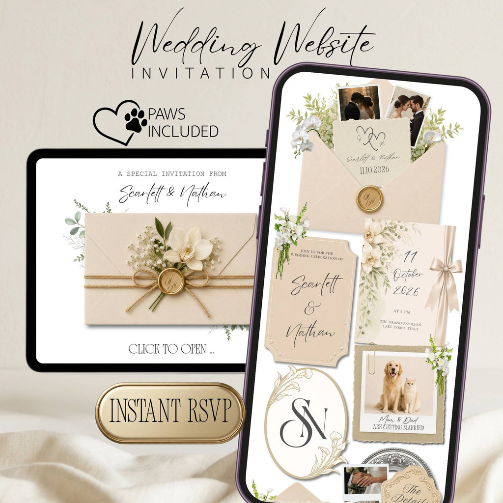 Champagne beige wedding website template with RSVP, elegant floral details, wax seals, and interactive Canva website design.