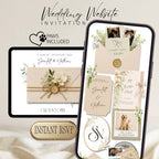 Champagne beige wedding website template with RSVP, elegant floral details, wax seals, and interactive Canva website design.