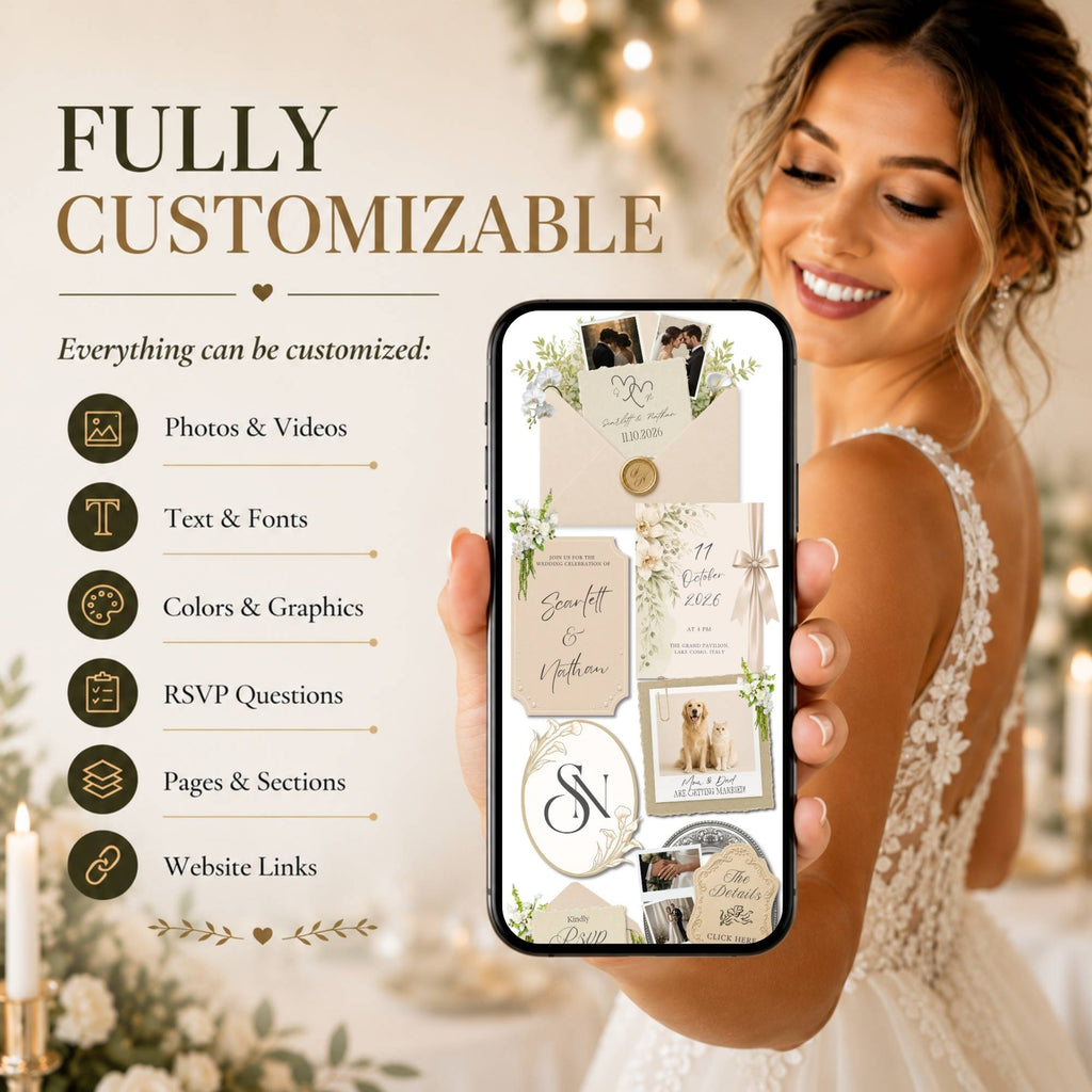 Customizable wedding website template allowing edits to pages, photos, wording, colours, and RSVP details.