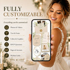 Customizable wedding website template allowing edits to pages, photos, wording, colours, and RSVP details.
