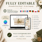 Fully editable Canva wedding website template with customizable text, photos, colours, fonts, and sections.