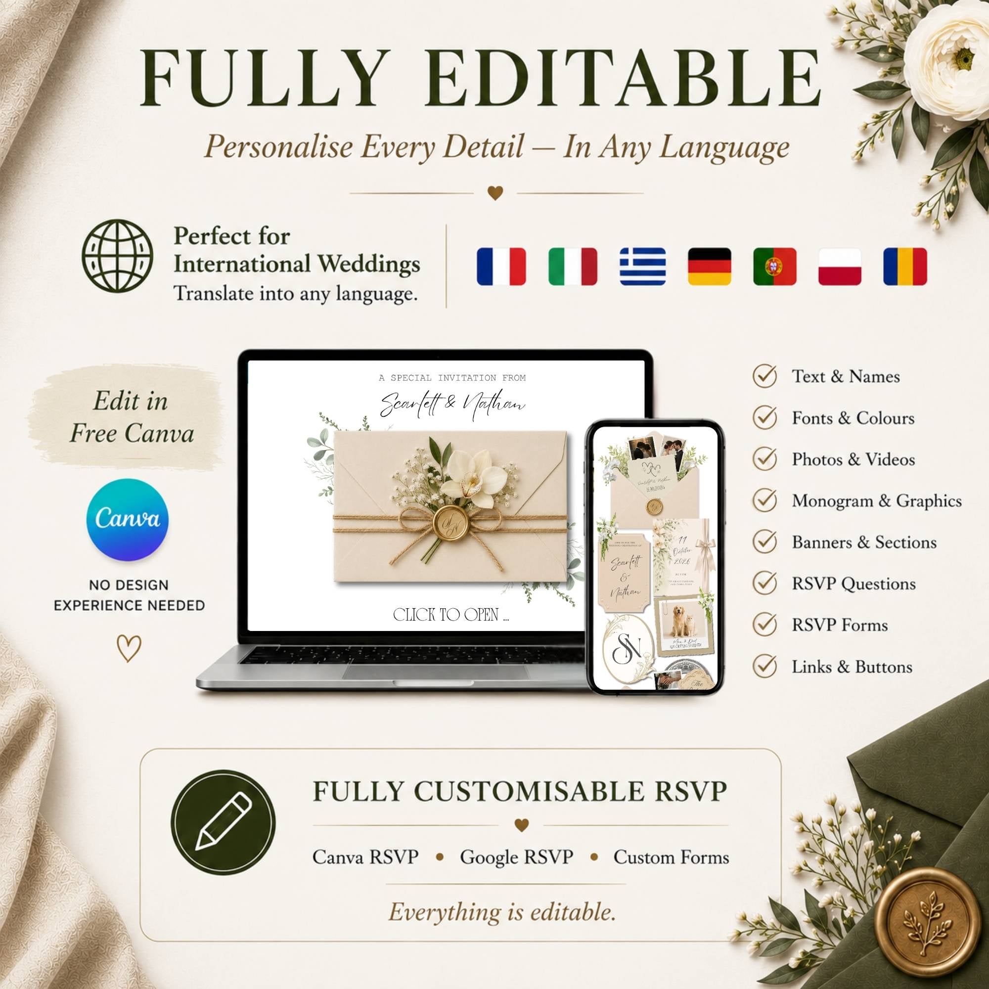 Fully editable Canva wedding website template with customizable text, photos, colours, fonts, and sections.