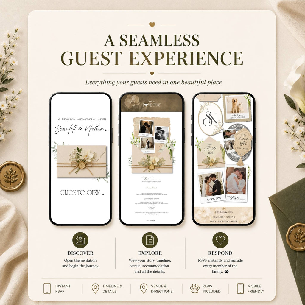 Mobile preview of the champagne beige wedding website showing responsive design and guest-friendly navigation.