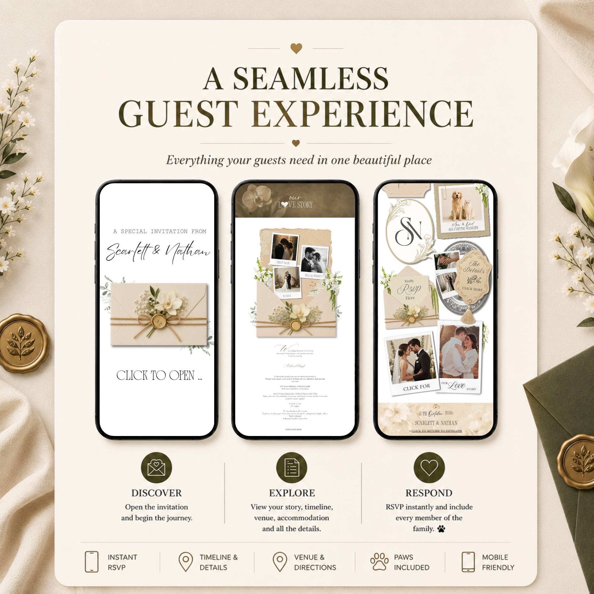 Mobile preview of the champagne beige wedding website showing responsive design and guest-friendly navigation.