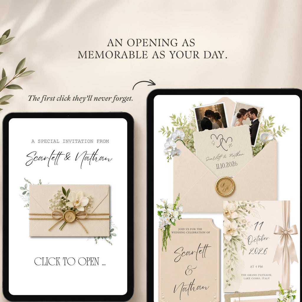 Preview of wedding website pages including opening page and part of the home page.