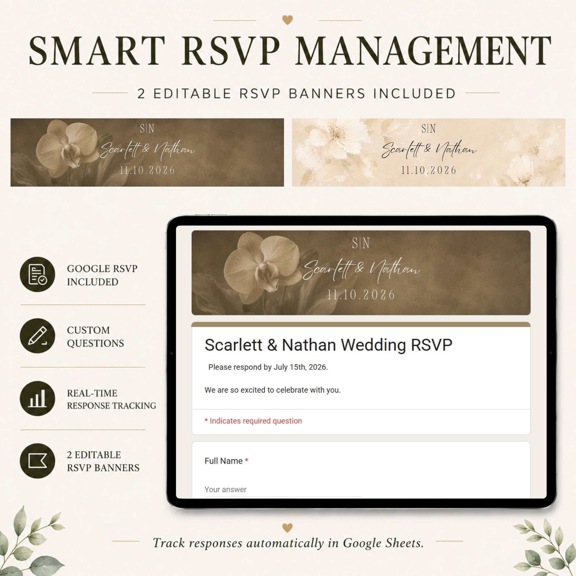 Editable RSVP form included with the wedding website template for collecting guest responses and event information.