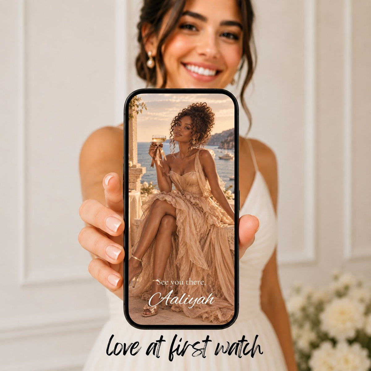 Champagne birthday video invitation closing scene featuring a personalised celebration photo and editable name on a mobile phone.